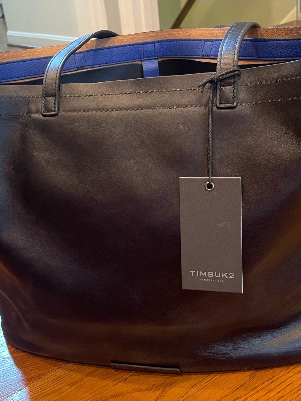 Timbuk2 Black Leather Laptop Tote with Blue Interior Trim